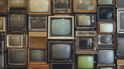 wall filled with vintage televisions showcasing technology evolution