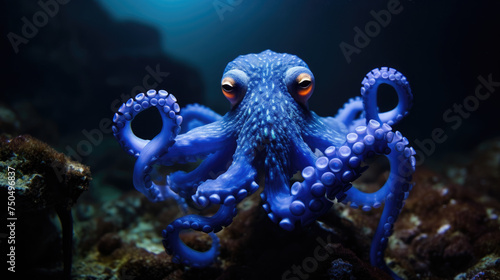 Octopus with neon violet and pink marbled skin moves among coral in an ocean shallow. Big monster creature with tentacles whip around as it scuttles through the aquatic landscape.