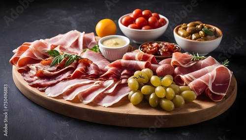 Meat appetizer platter with grissini sticks, Prosciutto crudo, Salami and Coppa Sausage and olives. Isolated, white background