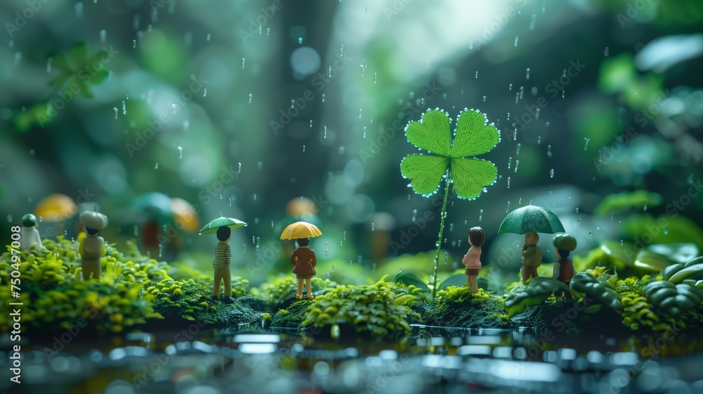 creative scene of small characters under raindrop-covered umbrellas