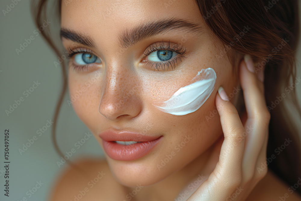 Beautiful woman applying face cream. Close up portrait of young woman with moisturizing anti-aging cream on her face. Skincare routine concept Beautiful woman applying face cream. Close up portrait of young woman with moisturizing anti-aging cream on her face. Skincare routine concept