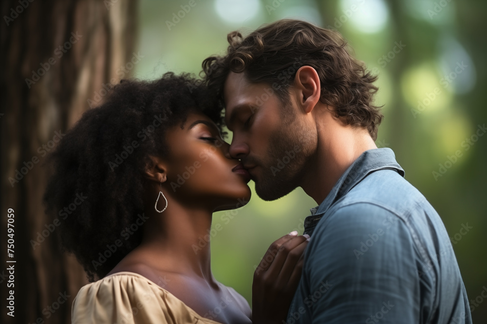 Close up of romantic couple outdoor. Woman and man kissing, passionate young people in love. Romantic relationship flirting dating concept Close up of romantic couple outdoor. Woman and man kissing, passionate young people in love. Romantic relationship flirting dating concept