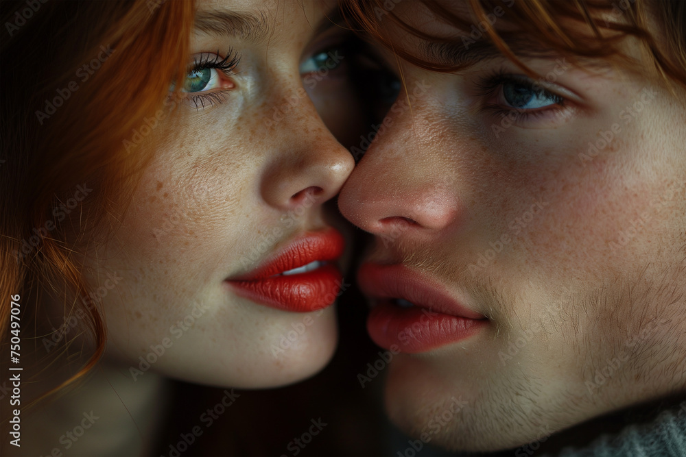 Passionate couple of young people in love. Portrait of woman and man kissing. Family romantic relationship concept. Close up photo Passionate couple of young people in love. Portrait of woman and man kissing. Family romantic relationship concept. Close up photo