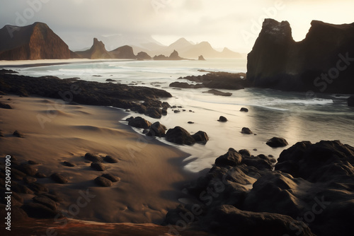 Volcanic beach with black sand and mountains. Nature landscape, Reynisfjara, Iceland