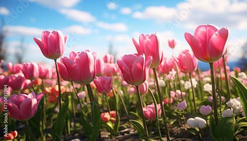 field of tulips in sunlight. tulips blooming.