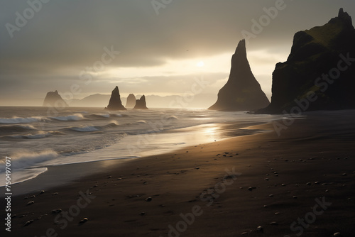 Volcanic beach with black sand and mountains. Nature landscape with reefs in the water, Reynisfjara, Iceland
