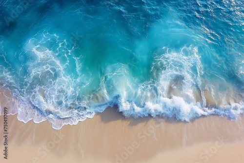 Top view background photo of ocean sea water. Blue ocean waves breaking surf with foam. Drone bird eye view