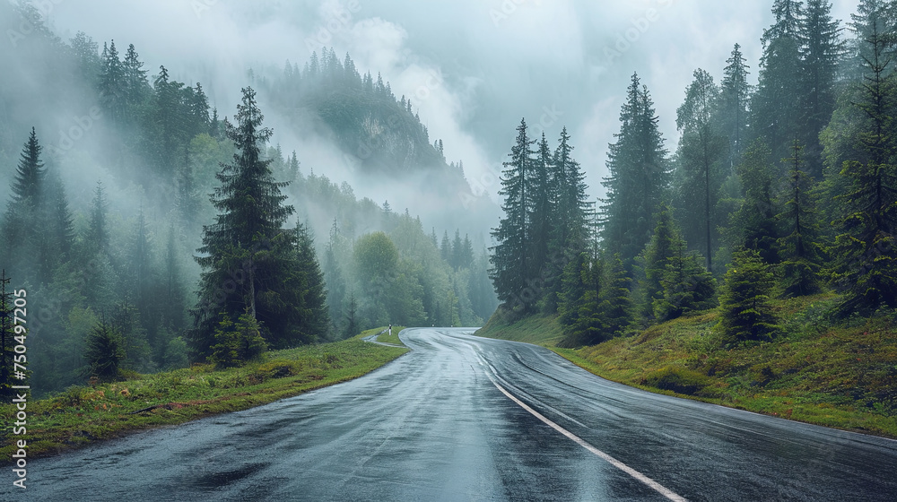 Road to the mountains in the rain, travel concept, green tree background Road to the mountains in the rain, travel concept, green tree background