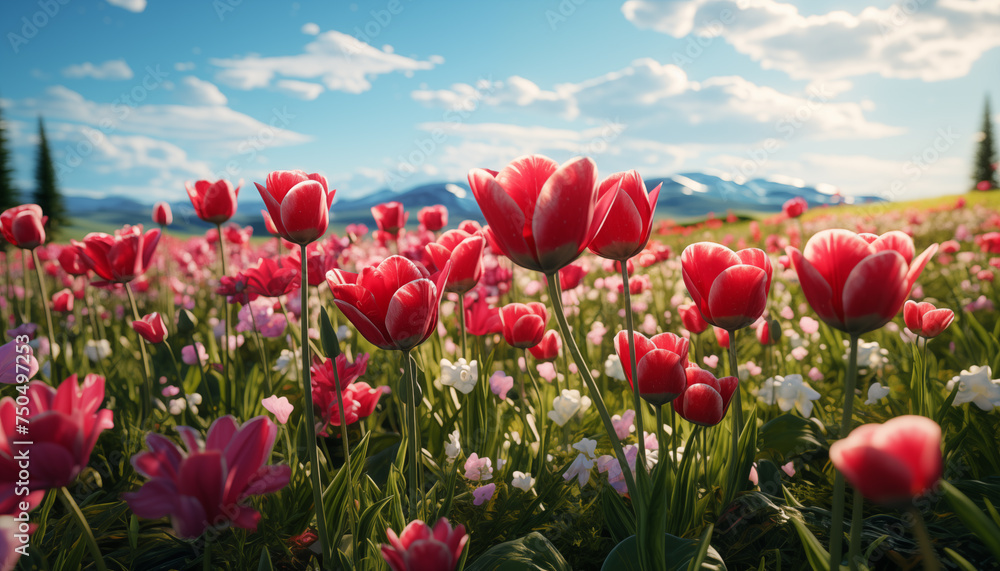 field of tulips in sunlight. tulips blooming. field of tulips in sunlight. tulips blooming.