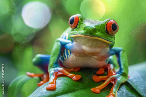 Vibrant red-eyed tree frog on branch against a softly blurred green backdrop. Funny frog in rainforest