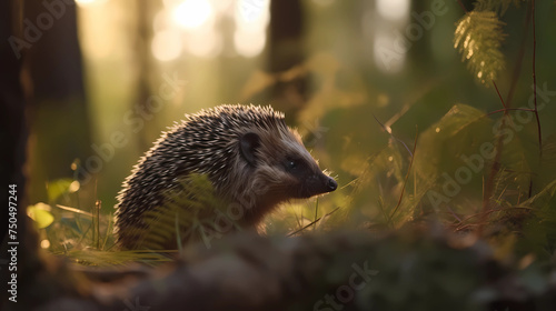 A beautiful hedgehog in the green forest on sunset