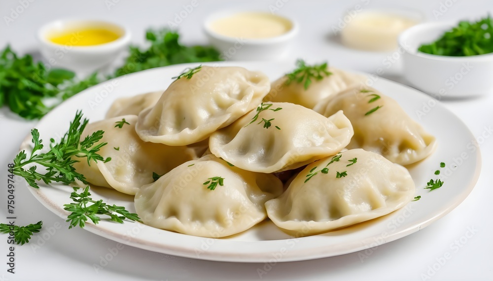 Polish Pierogi Dumplings with potato in a plate with herbs and butter