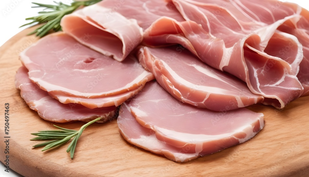 Pork ham slices on cutting board, Italian Prosciutto cotto.  Isolated on white background, top view