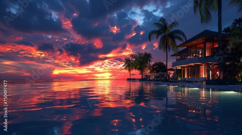 Wallpaper Mural Luxurious Beach House with Infinity Pool Under a Fiery Sunset Sky Torontodigital.ca