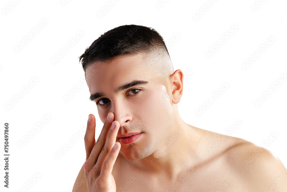Young man standing shirtless and touching his face with hands Young man standing shirtless and touching his face with hands