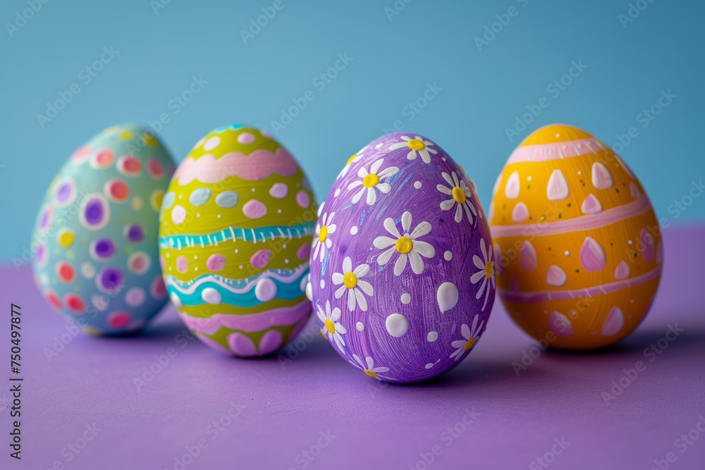 A vibrant lineup of Easter eggs with intricate patterns, set against a complementary purple and blue background.