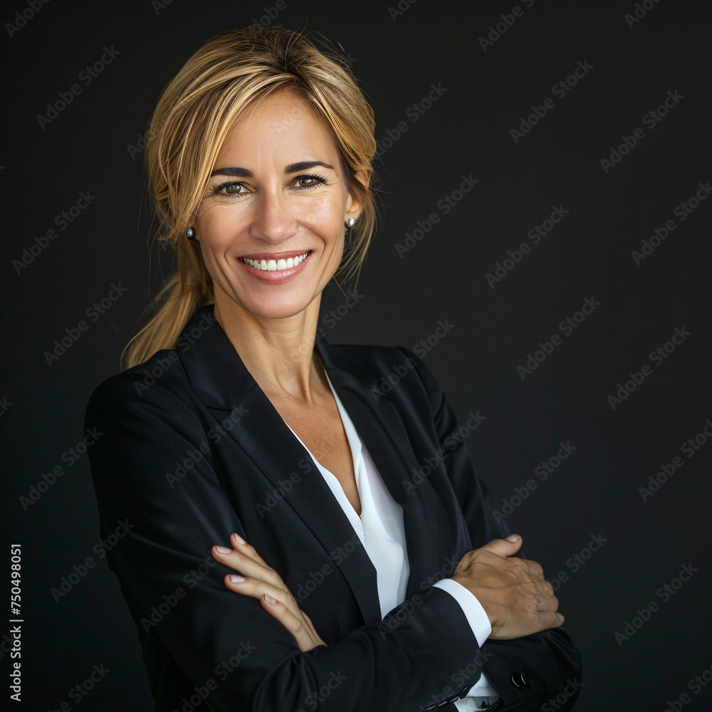 a professional head shot on a black background of a business women in a suit smiling at the camera with her arms crossed a professional head shot on a black background of a business women in a suit smiling at the camera with her arms crossed