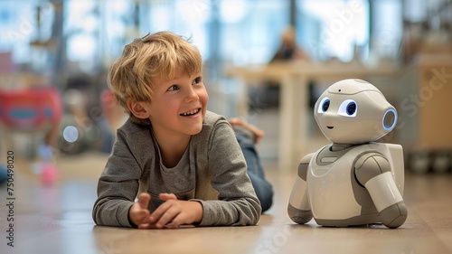 Wallpaper Mural Happy boy playing with AI robot while lying on the floor in the living room Torontodigital.ca