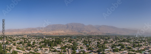 Landscape panorama of Penjikent or Panjakent city in the Zeravshan valley, Sughd, Tajikistan