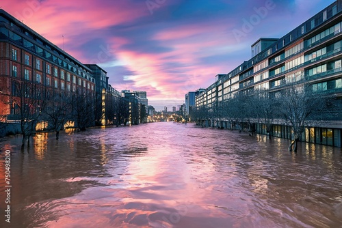 Sunset Reflections on Flooded London Street