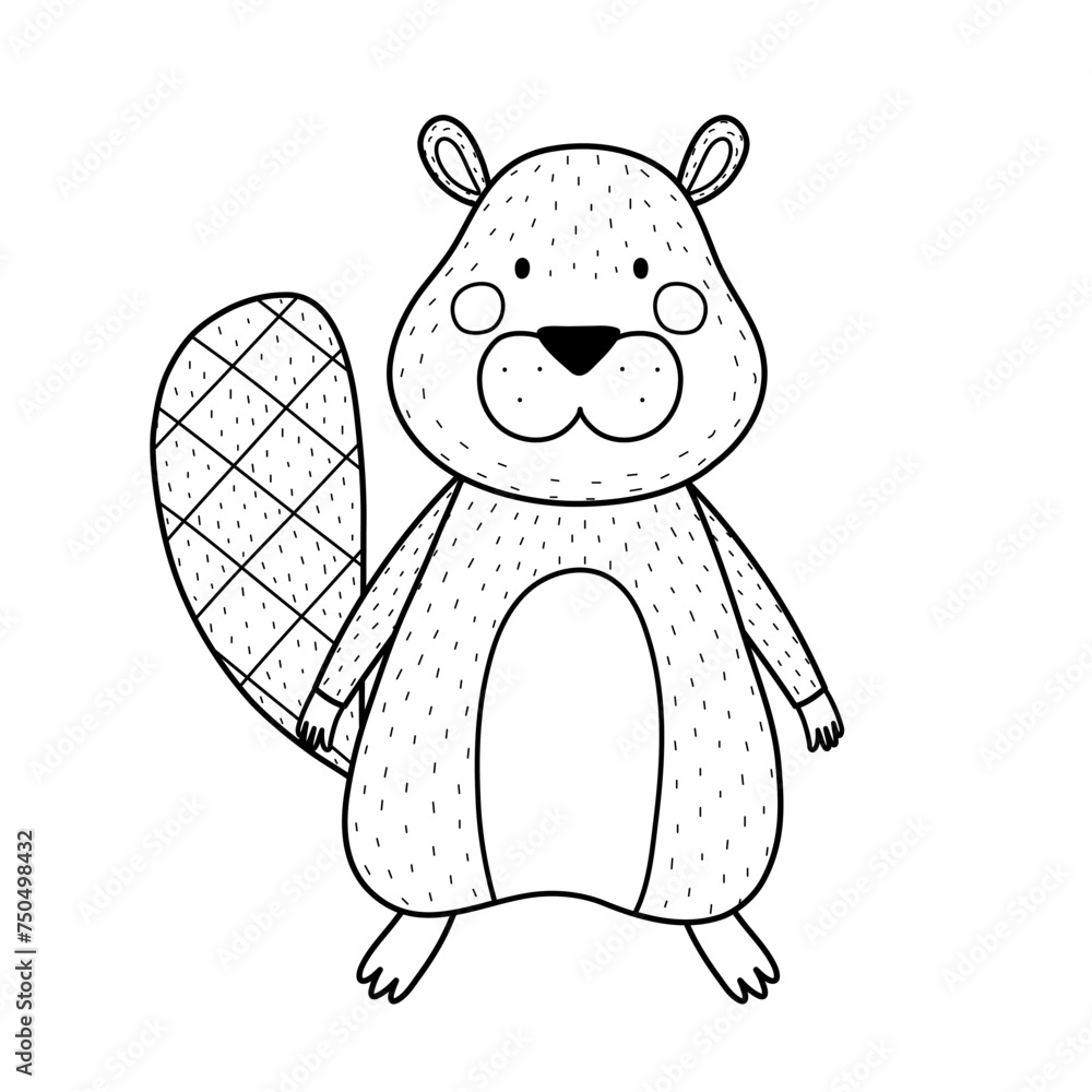 Cute beaver animal in black and white. Forest character for kids design