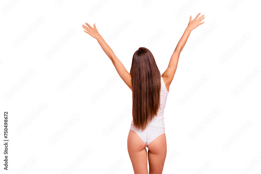 Rear back behind view of young gorgeous nice straight-haired brunette lady wearing sleepwear, copy space. Isolated over pink pastel background
