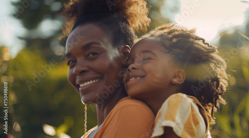 Mature, woman and portait of a mother and daughter posing together in a park for love, bonding and care. Happy, african and people radiating positivity outdoors for content, happiness and exploration photo
