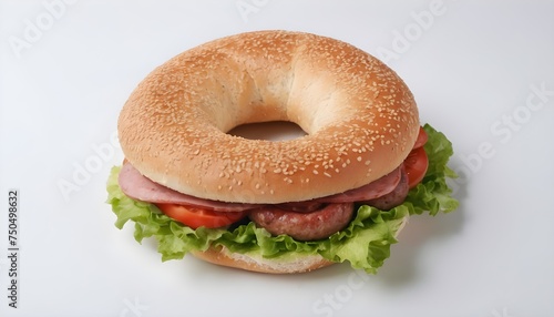 Sandwich with bagel simit, lettuce, tomato, cheese and sausages sucuk