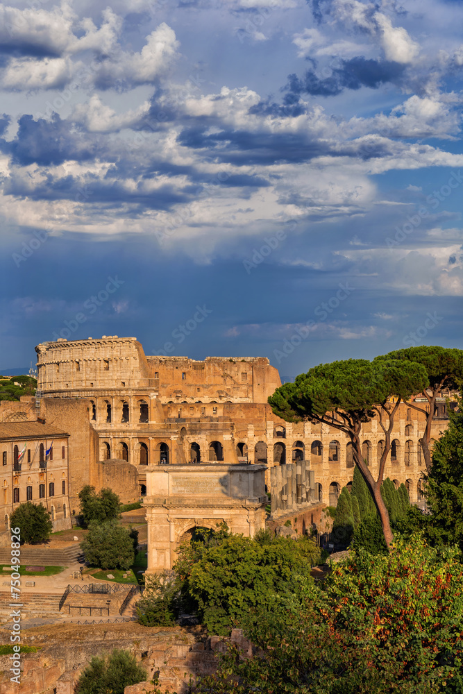 Colosseum and Arch of Titus in Rome, Italy