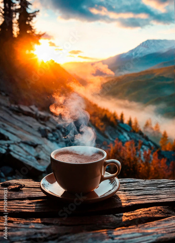cup of coffee against the backdrop of mountains. Selective focus.