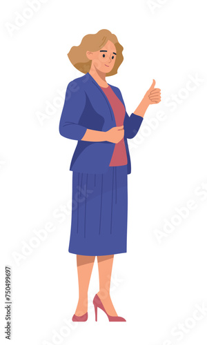 A woman in a business suit shows a thumbs up. Office worker. Teacher, boss, manager, mother, people, girl. Hand drawing. Vector image.