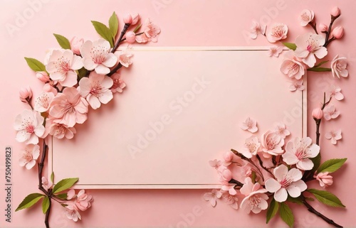 Banner with peach blossom on pink background. Greeting card template for Wedding, mothers or womans day. Springtime composition with copy space. Flat lay style