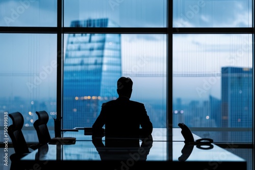 A CEO's silhouette at a sleek desk, gazing confidently out of a glass window, highlights the essence of business leadership and success