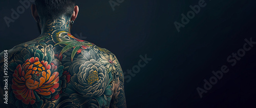 The man's back is completely covered with a tattoo depicting peonies with an ornament. Aesthetics of tattoo art. Banner