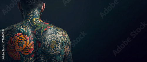 The man's back is completely covered with a tattoo depicting peonies with an ornament. Aesthetics of tattoo art. Banner