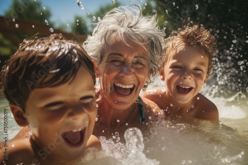 Smiling Grandmother Carrying Grandchildren Outdoors In a pool during Summer holidays. Enjoy retirement, freedom. © The other house