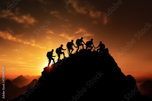 Image of climbers silouetthe at the top of a mountain during beautiful sunset. Teamwork, success, challenge abstract concept.