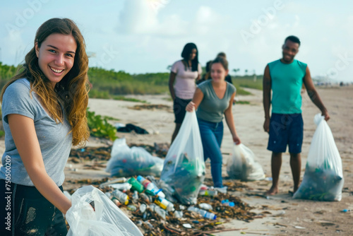 Community Efforts Against PlasticPollution: Group of activists and residents participating in a beach cleanup.