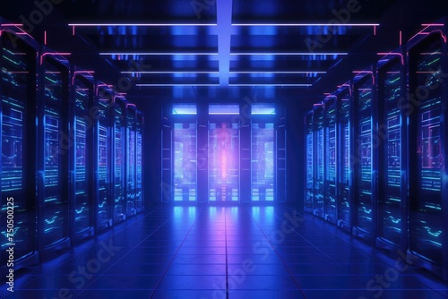 Futuristic server room or data center with rows of big server racks, modern data and Telecommunication center for cloud computing, and data analyses with a lot of colorful neon glowing optic cables 