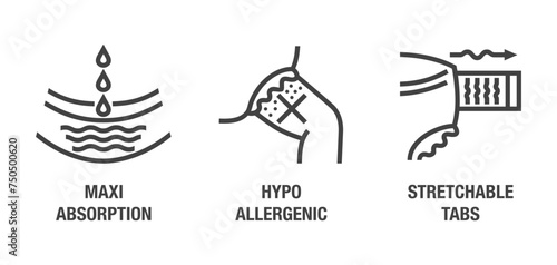 Diapers icons - absorption, stretchable, allergy
