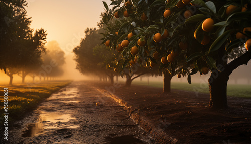 plantation with orange trees with fruits. harvest of ripe oranges.