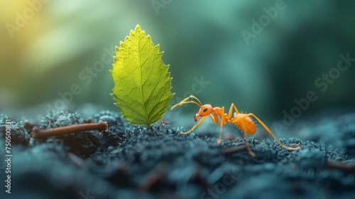 Macro shot side view of an ant taking a green leaf several times bigger than its ant to make a nest. Wild Animals Backgrounds Wallpapers © ND STOCK