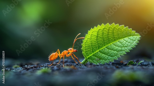 Macro shot side view of an ant taking a green leaf several times bigger than its ant to make a nest. Wild Animals Backgrounds Wallpapers © ND STOCK