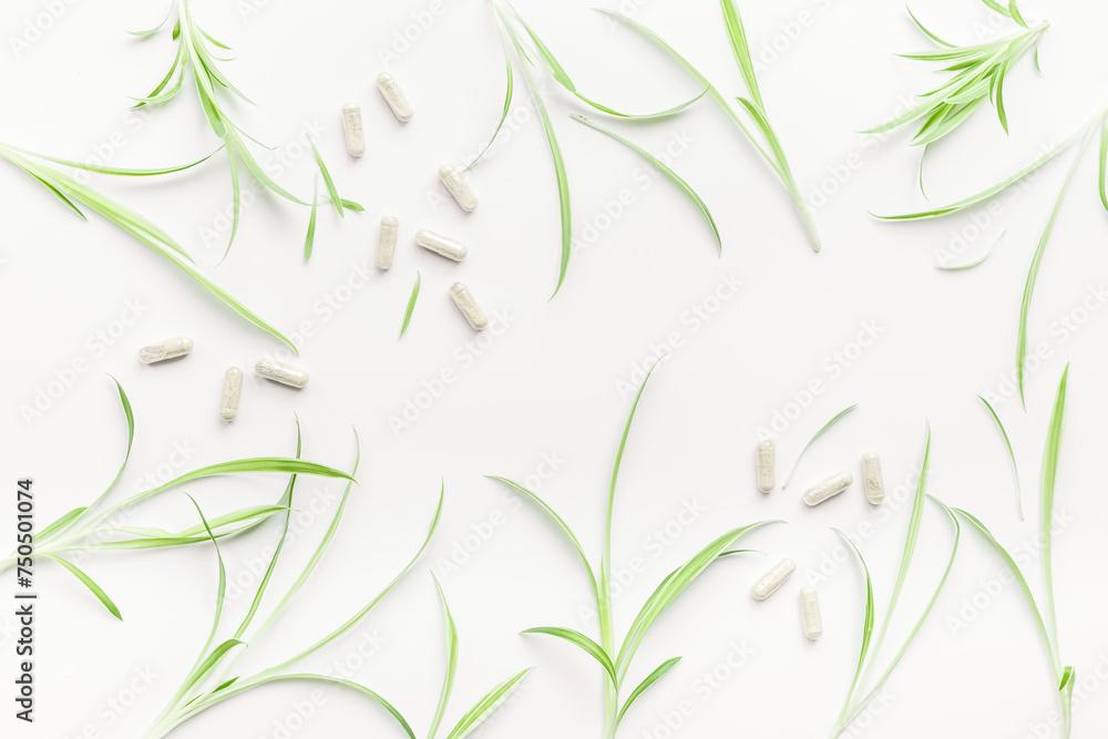 Obraz premium Pharmacy background with herbs and medicine. Organic natural wellness
