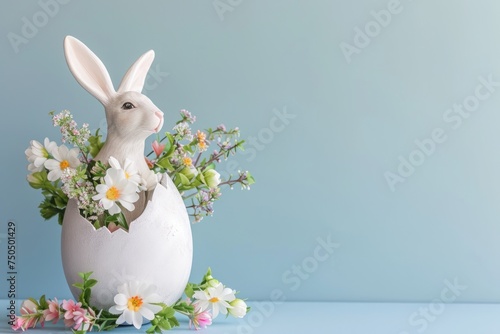 an Easter bunny sculpture adorned with colorful flowers and placed inside a giant Easter egg