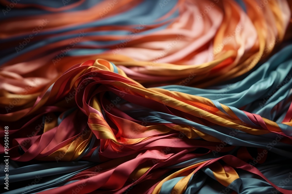 A colorful abstract composition of flowing ribbons in red orange and blue