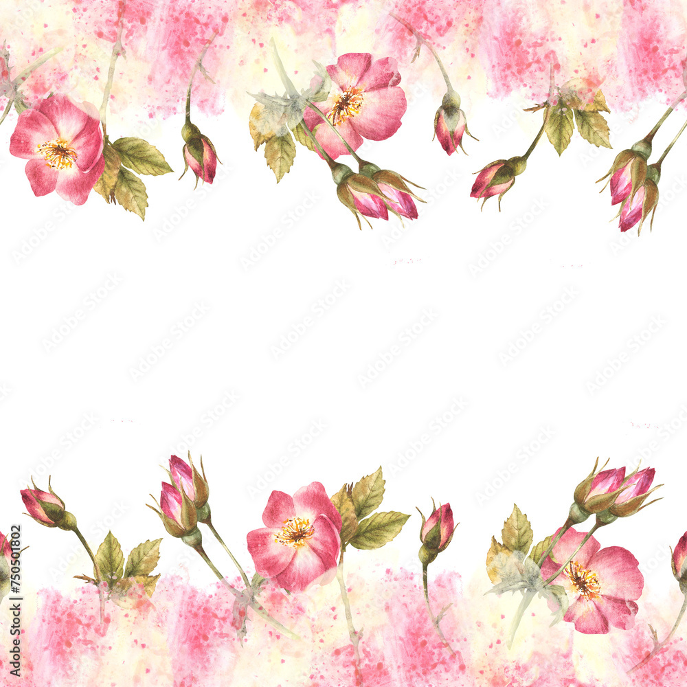 Fototapeta premium Wild rose hip buds, leaves, dog, cancer or brier rose flowers im bloom seamless border frame on watercolor pink yellow spots, splashes background Wrapping, wallpaper Hand drawn illustration isolated