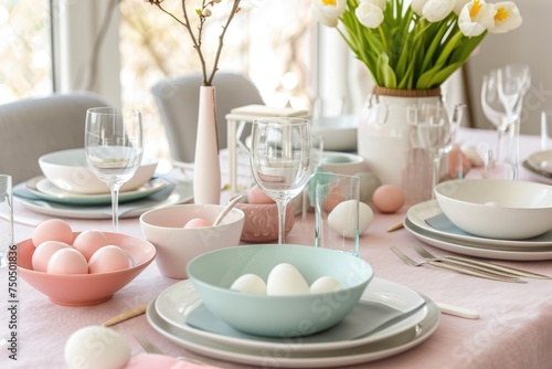 arranged Easter brunch table with pastel-colored dishes and minimalist table settings.