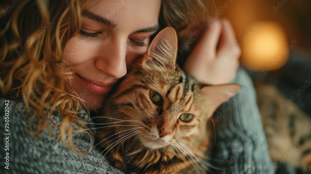 Woman embracing tabby cat with affection. Close-up lifestyle portrait with warm bokeh lights. Pet and human bond concept. Design for greeting card, pet care and friendship themes.