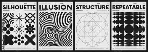 Modern abstract poster collection, vector minimalist posters with geometric shapes in black and white, brutalist style inspired graphics, bold aesthetic, shape distortion effect set 5